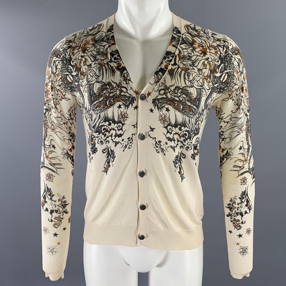 JOHN RICHMOND Size S Cream Tan Dragon Print Cotton Silk Cardigan